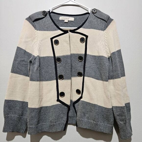 Ann Taylor Loft Ladies Size Medium Gray Striped Military Cardigan Sweater Size S - Picture 1 of 7
